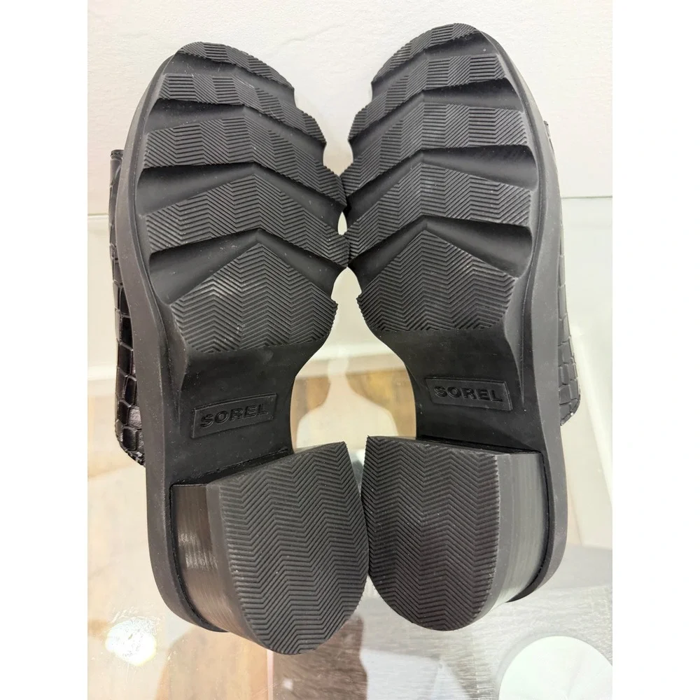 Sorel Brex Slide Sandal Black Croc Embossed Leather Platform Heel NL5085-010 7.5